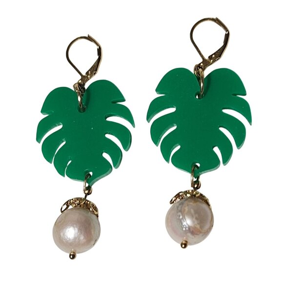 Boho Chic Green Monstera Leaf Earrings Faux Pearl Charm Statement Jewelry Women - Picture 2 of 5